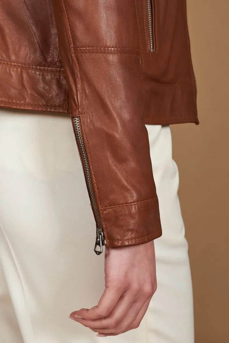 Donna D'Arienzo Giulia - Giacca biker in pelle naturale cuoio effetto liscio