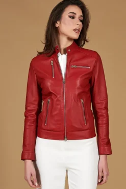 Donna D'Arienzo Giulia - Giacca biker in pelle rossa nappa effetto liscio