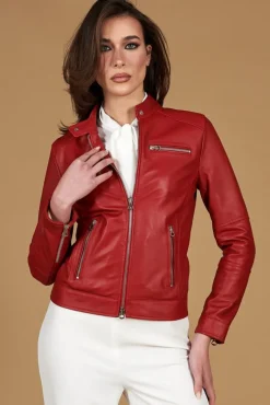 Donna D'Arienzo Giulia - Giacca biker in pelle rossa nappa effetto liscio