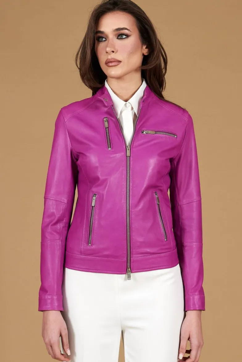 Donna D'Arienzo Giulia - Giacca biker in pelle naturale glicine effetto liscio