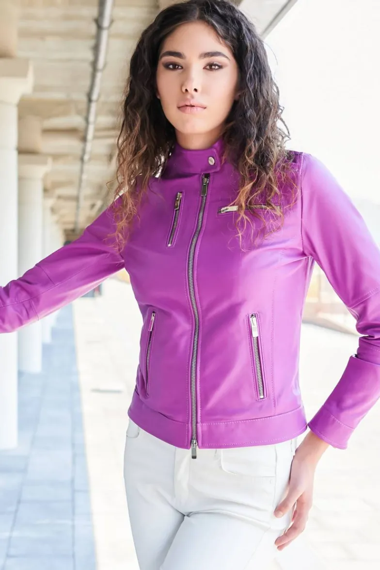 Donna D'Arienzo Giulia - Giacca biker in pelle naturale glicine effetto liscio