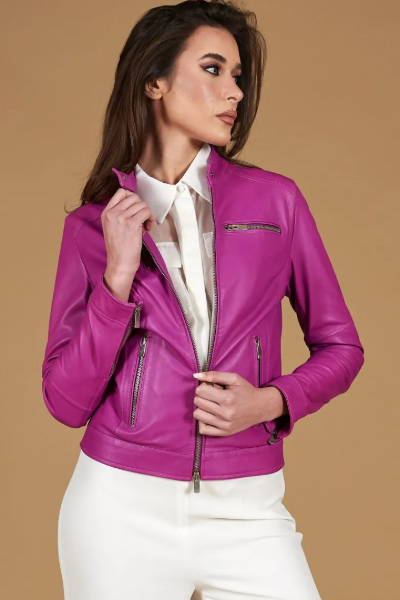 Donna D'Arienzo Giulia - Giacca biker in pelle naturale glicine effetto liscio