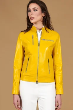 Donna D'Arienzo Giulia - Giacca biker in pelle naturale gialla effetto liscio