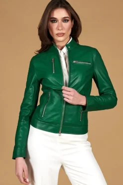 Donna D'Arienzo Giulia - Giacca biker in pelle naturale verde effetto liscio