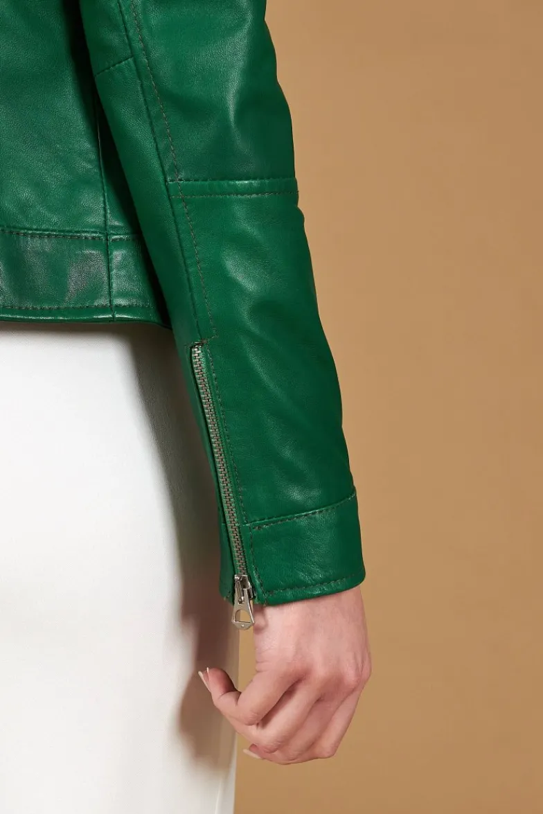 Donna D'Arienzo Giulia - Giacca biker in pelle naturale verde effetto liscio