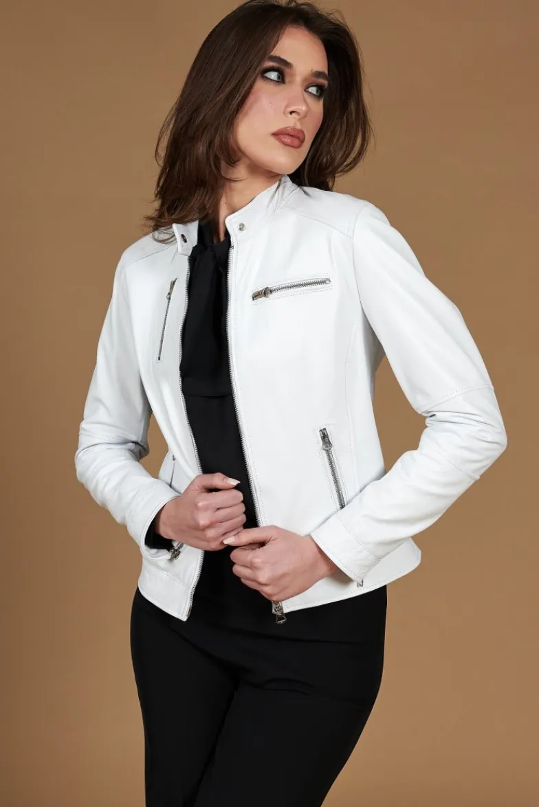 Donna D'Arienzo Giulia - Giacca biker in pelle bianca nappa effetto liscio