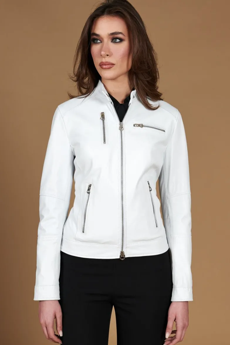 Donna D'Arienzo Giulia - Giacca biker in pelle bianca nappa effetto liscio