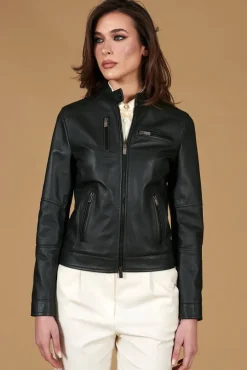 Donna D'Arienzo Giulia - Giacca biker in pelle naturale verde effetto liscio
