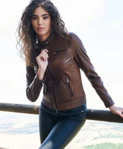Donna D'Arienzo Giulia - Giacca biker in pelle naturale marrone effetto liscio