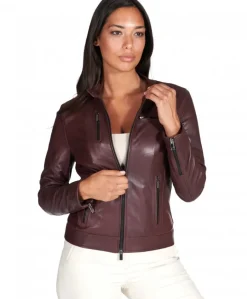 Donna D'Arienzo Giulia - Giacca biker in pelle naturale bordeaux effetto liscio