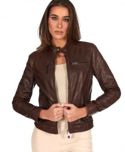 Donna D'Arienzo Giulia - Giacca biker in pelle testa di moro effetto vintage