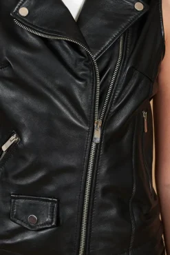 Donna D'Arienzo Grace - Chiodo smanicato biker in pelle nera nappa effetto liscio