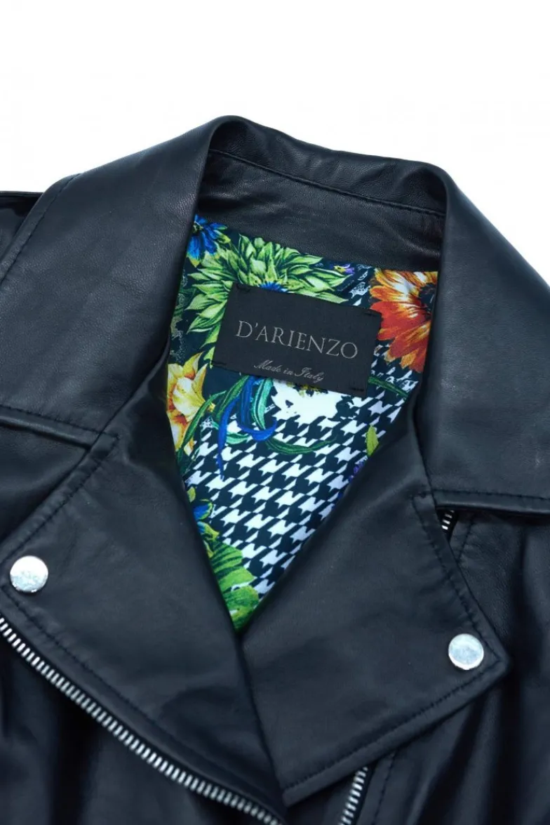 Donna D'Arienzo Grace - Chiodo smanicato biker in pelle nera nappa effetto liscio