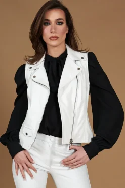 Donna D'Arienzo Grace - Chiodo smanicato biker in pelle bianca nappa effetto liscio