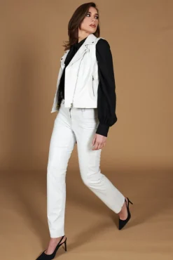 Donna D'Arienzo Grace - Chiodo smanicato biker in pelle bianca nappa effetto liscio