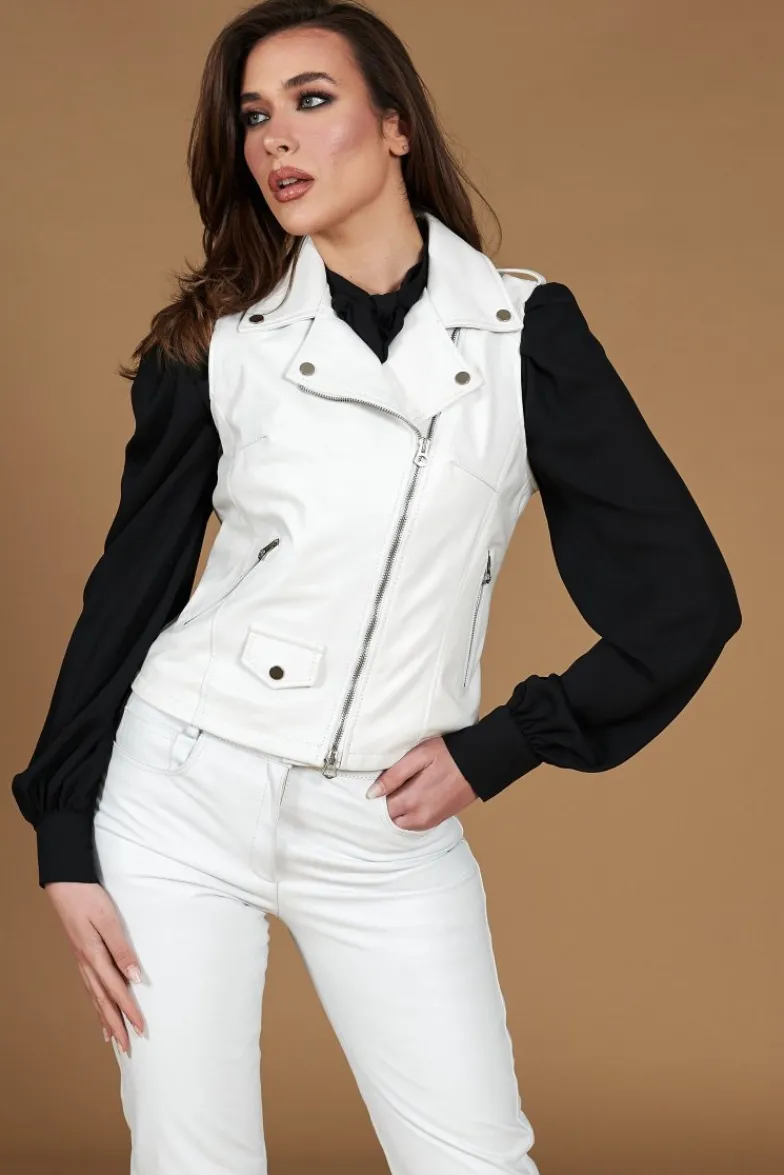 Donna D'Arienzo Grace - Chiodo smanicato biker in pelle bianca nappa effetto liscio