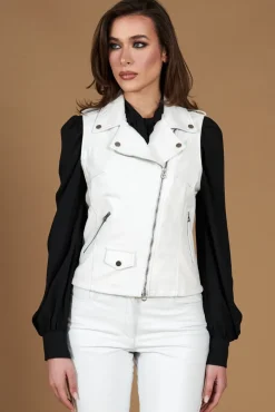 Donna D'Arienzo Grace - Chiodo smanicato biker in pelle bianca nappa effetto liscio