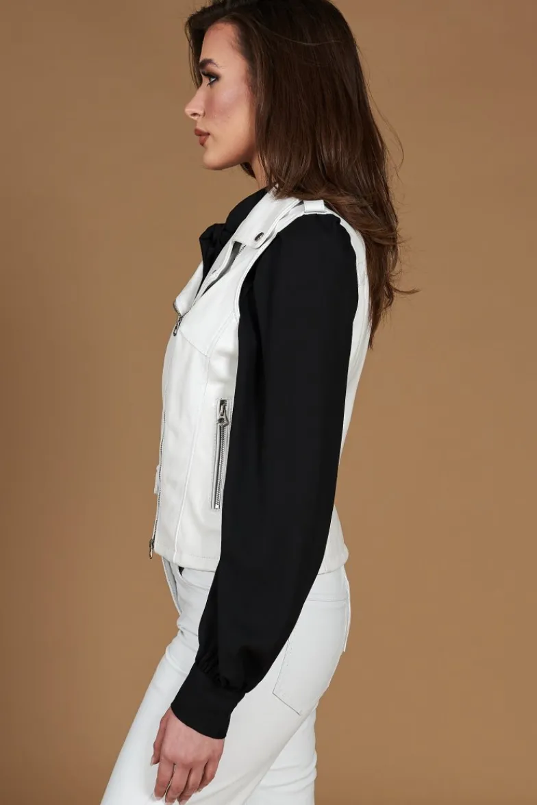 Donna D'Arienzo Grace - Chiodo smanicato biker in pelle bianca nappa effetto liscio