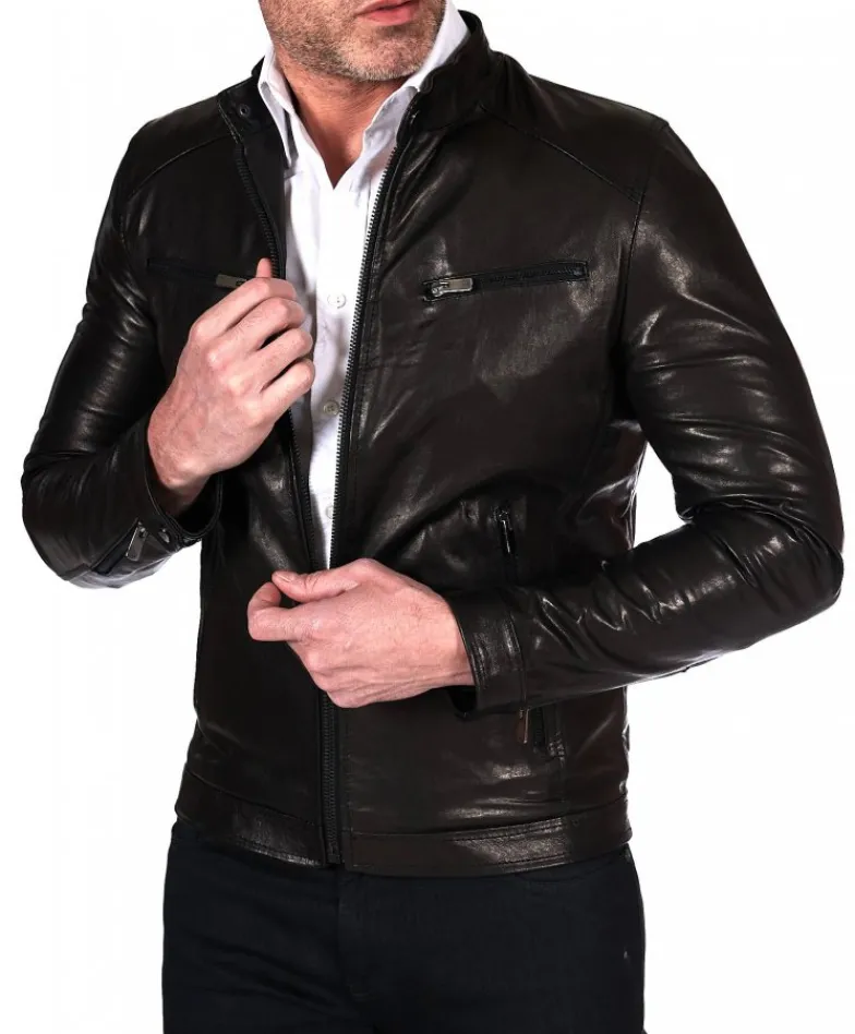 Uomo D'Arienzo Hamilton - Giacca biker in pelle nera vegetale effetto lavato