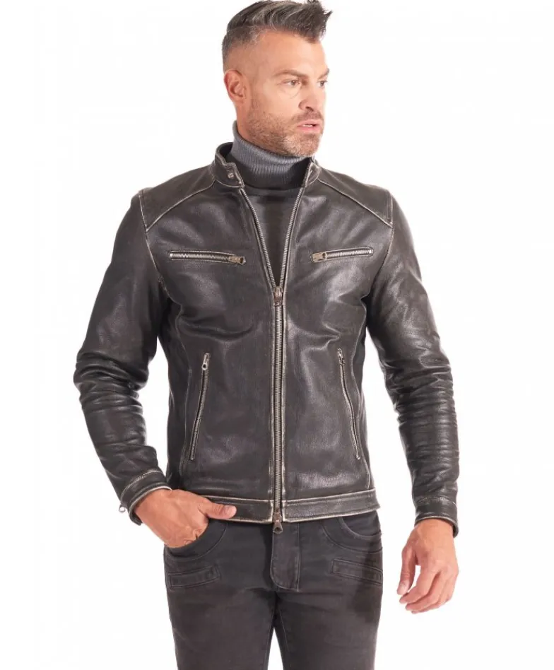 Uomo D'Arienzo Hamilton - Giacca biker in pelle nera vintage effetto invecchiato