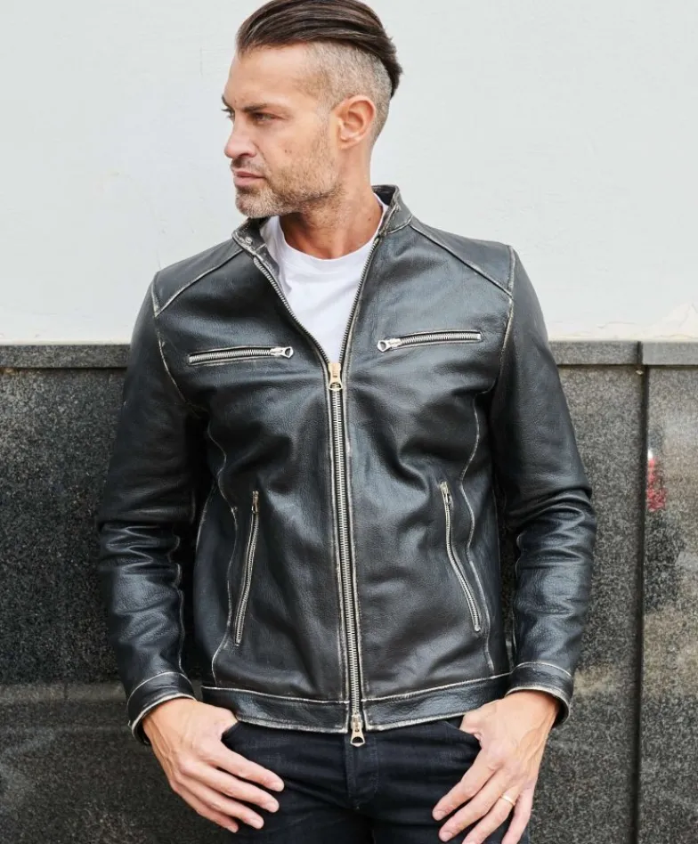 Uomo D'Arienzo Hamilton - Giacca biker in pelle nera vintage effetto invecchiato