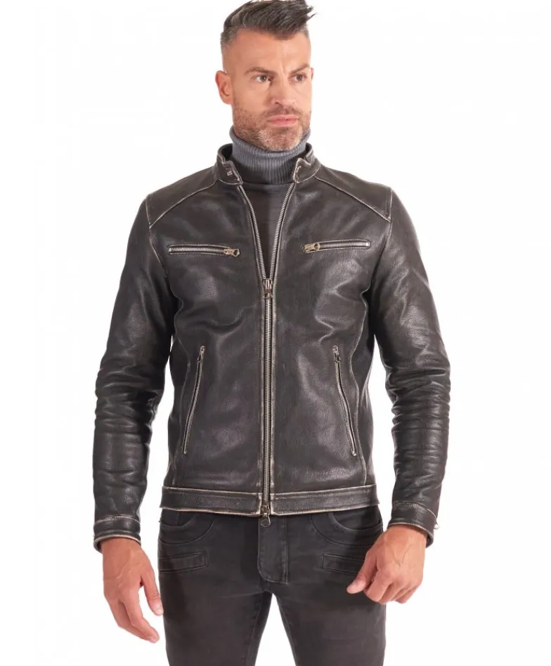 Uomo D'Arienzo Hamilton - Giacca biker in pelle nera vintage effetto invecchiato