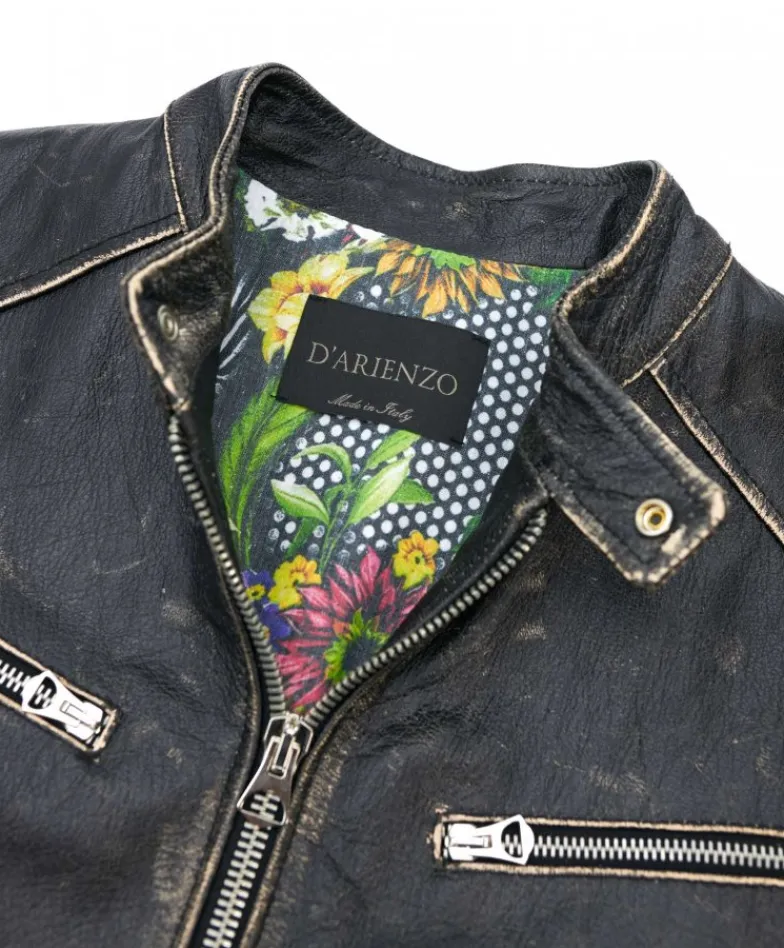 Uomo D'Arienzo Hamilton - Giacca biker in pelle nera vintage effetto invecchiato