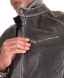 Uomo D'Arienzo Hamilton - Giacca biker in pelle nera vintage effetto invecchiato