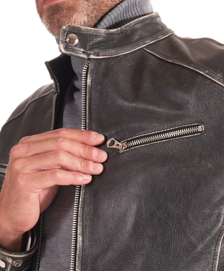 Uomo D'Arienzo Hamilton - Giacca biker in pelle nera vintage effetto invecchiato