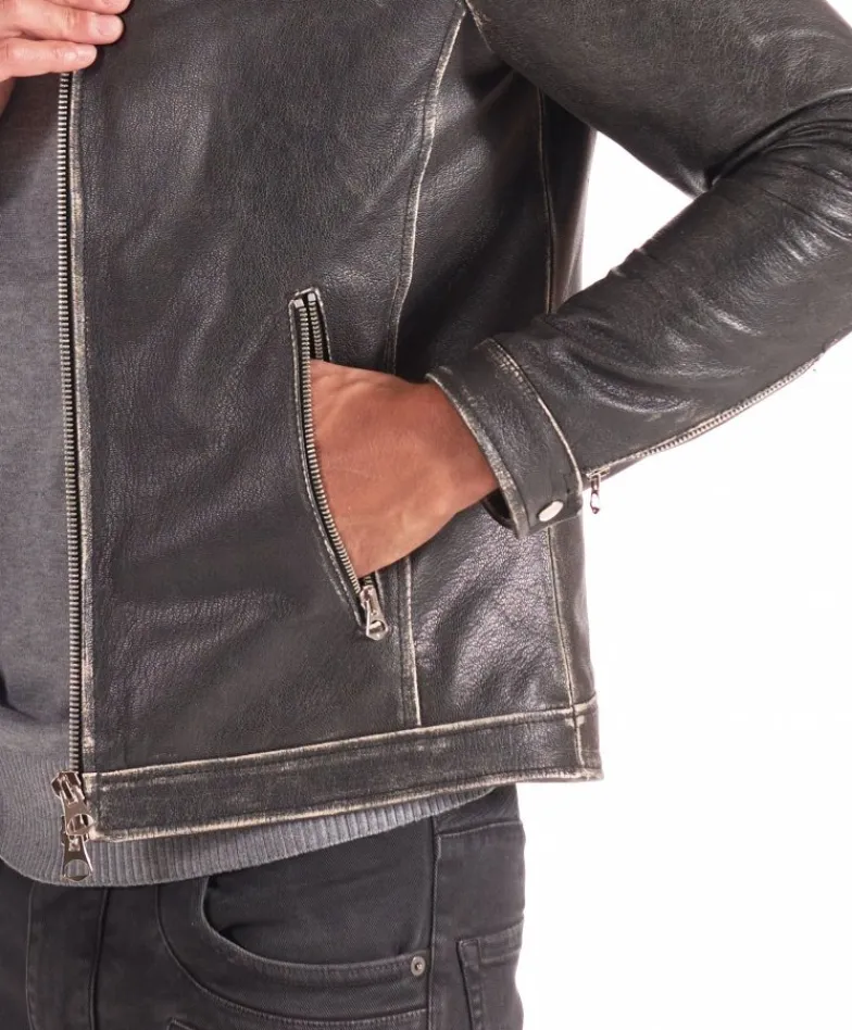 Uomo D'Arienzo Hamilton - Giacca biker in pelle nera vintage effetto invecchiato