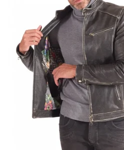 Uomo D'Arienzo Hamilton - Giacca biker in pelle nera vintage effetto invecchiato