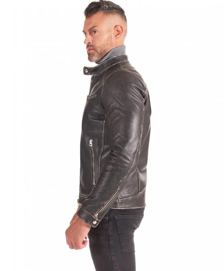 Uomo D'Arienzo Hamilton - Giacca biker in pelle nera vintage effetto invecchiato