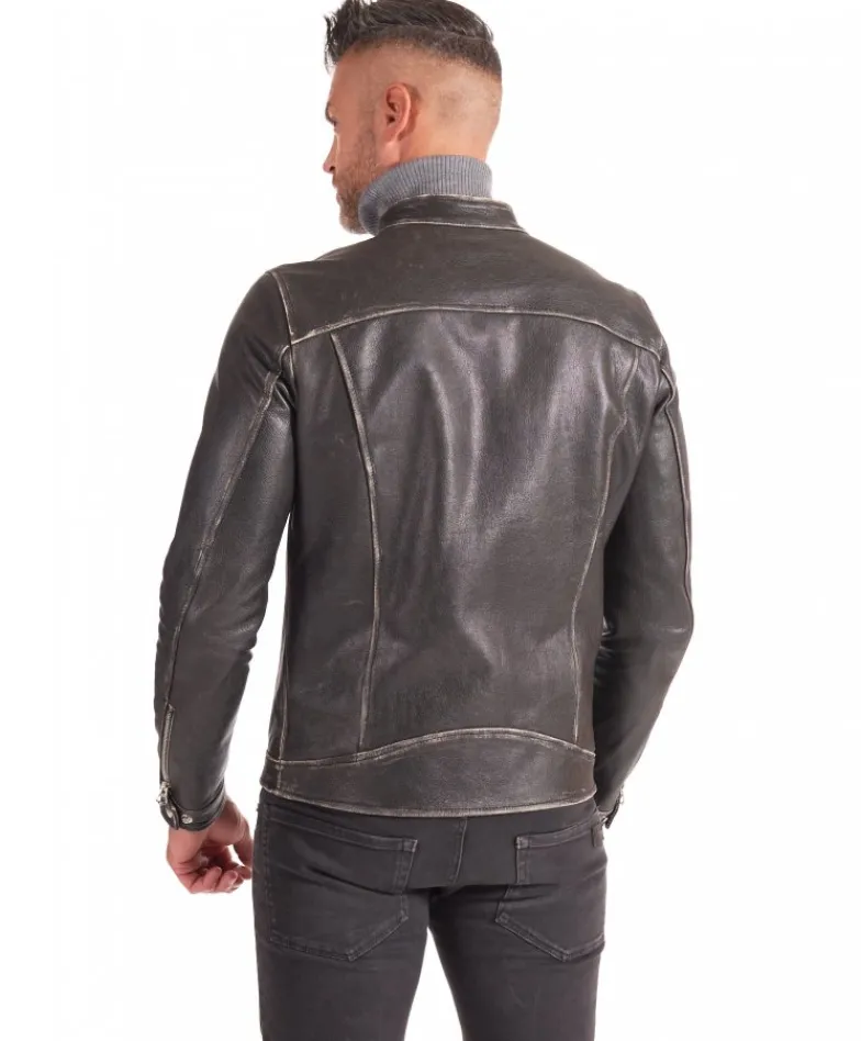Uomo D'Arienzo Hamilton - Giacca biker in pelle nera vintage effetto invecchiato