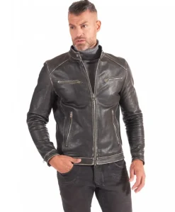 Uomo D'Arienzo Hamilton - Giacca biker in pelle nera vintage effetto invecchiato