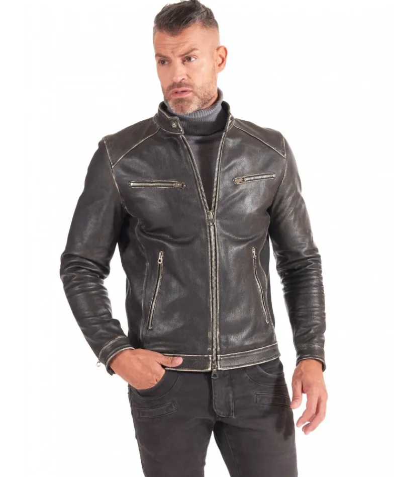 Uomo D'Arienzo Hamilton - Giacca biker in pelle nera vintage effetto invecchiato