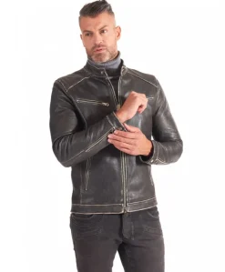 Uomo D'Arienzo Hamilton - Giacca biker in pelle nera vintage effetto invecchiato