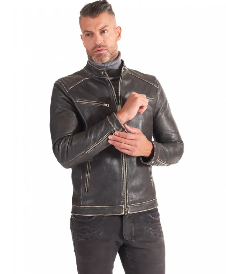 Uomo D'Arienzo Hamilton - Giacca biker in pelle nera vintage effetto invecchiato