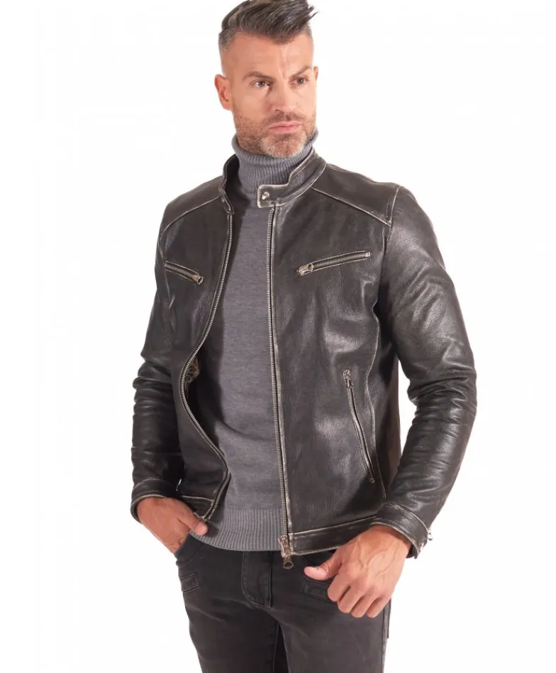 Uomo D'Arienzo Hamilton - Giacca biker in pelle nera vintage effetto invecchiato