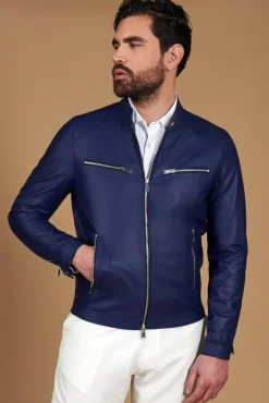 Uomo D'Arienzo Hamilton - Giacca in pelle bluette quattro tasche effetto liscio