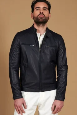Uomo D'Arienzo Hamilton - Giacca in pelle nappa blu scuro quattro tasche effetto liscio