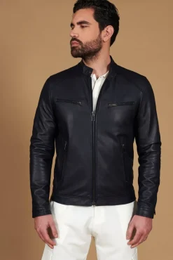 Uomo D'Arienzo Hamilton - Giacca in pelle nappa blu scuro quattro tasche effetto liscio