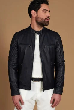 Uomo D'Arienzo Hamilton - Giacca in pelle nappa blu scuro quattro tasche effetto liscio
