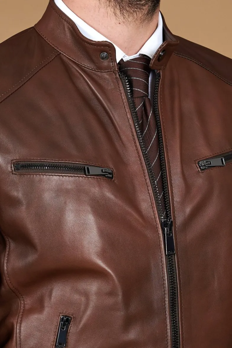Uomo D'Arienzo Hamilton - Giacca in pelle marrone effetto vintage quattro tasche