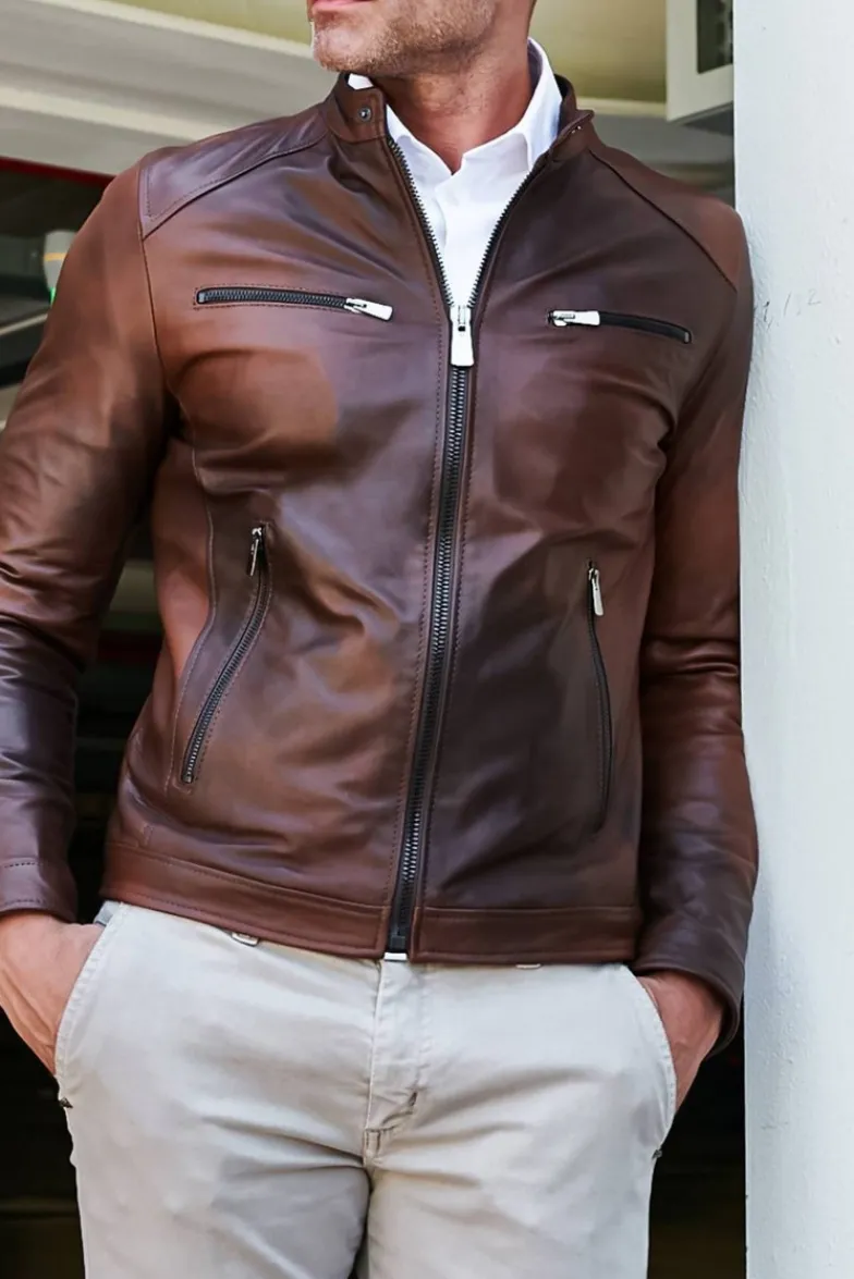 Uomo D'Arienzo Hamilton - Giacca in pelle marrone effetto vintage quattro tasche