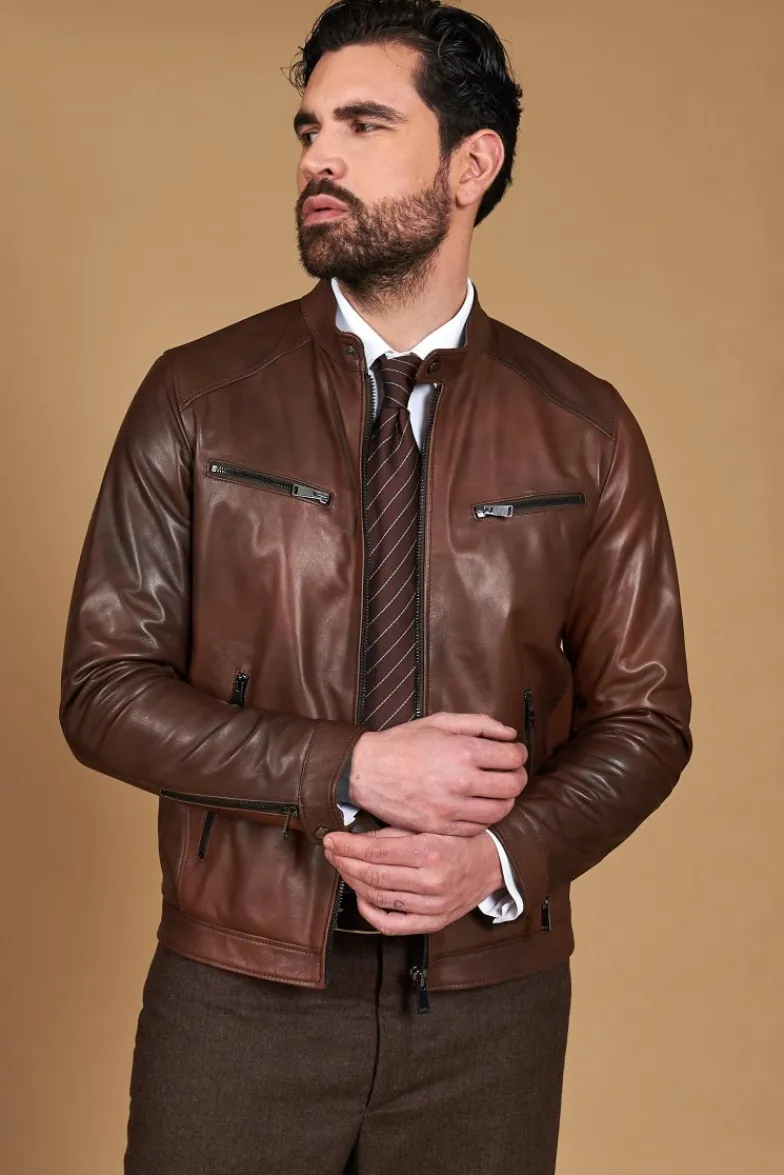 Uomo D'Arienzo Hamilton - Giacca in pelle marrone effetto vintage quattro tasche