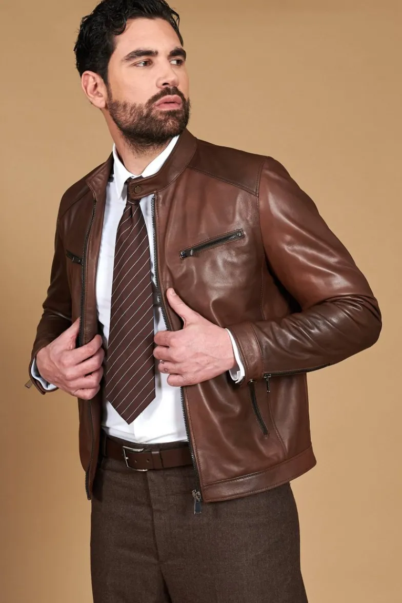 Uomo D'Arienzo Hamilton - Giacca in pelle marrone effetto vintage quattro tasche
