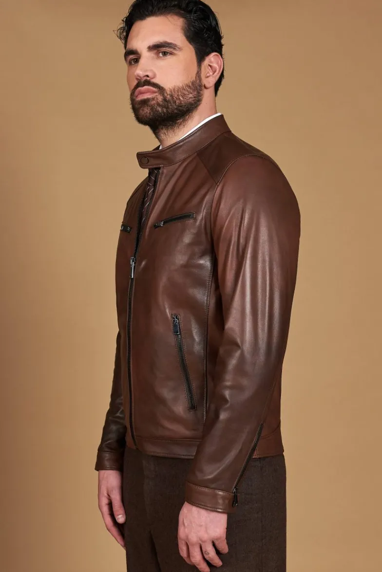Uomo D'Arienzo Hamilton - Giacca in pelle marrone effetto vintage quattro tasche