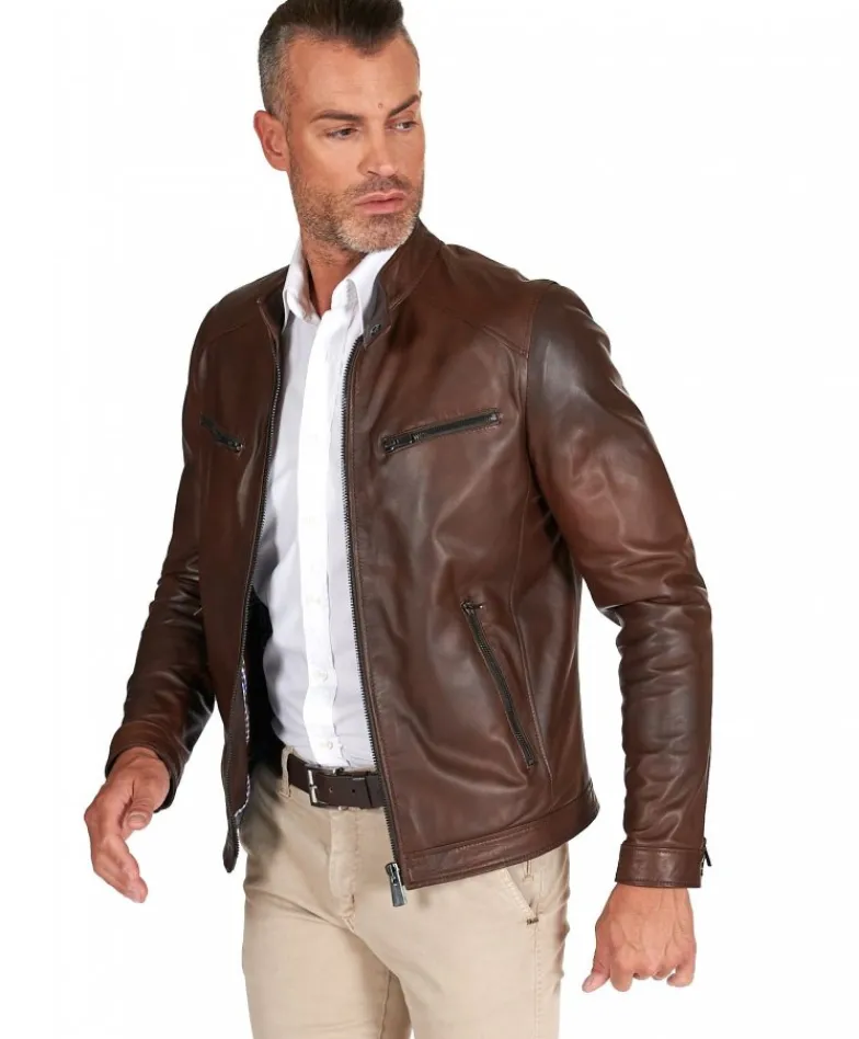 Uomo D'Arienzo Hamilton - Giacca in pelle marrone effetto vintage quattro tasche