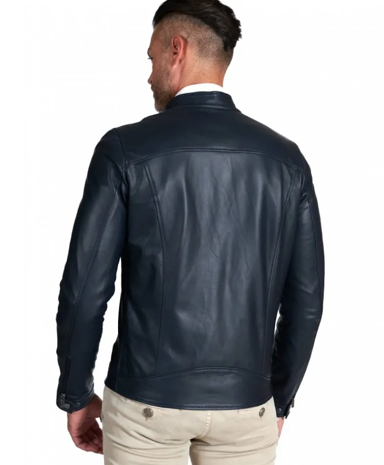 Uomo D'Arienzo Hamilton - Giacca in pelle blu quattro tasche nappa effetto liscio