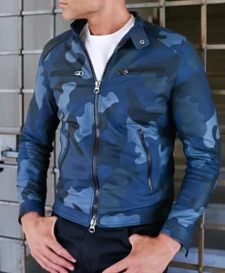 Uomo D'Arienzo Hamilton - Giacca in pelle mimetica blu effetto liscio